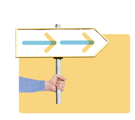 hand met wegwijsbord