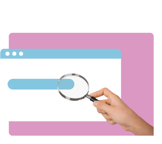 hand met vergrootglas over webpagina