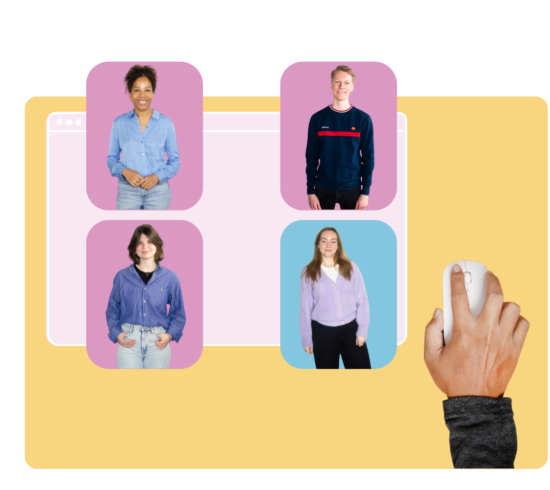 vier mensen op een computerscherm met hand en computermuis